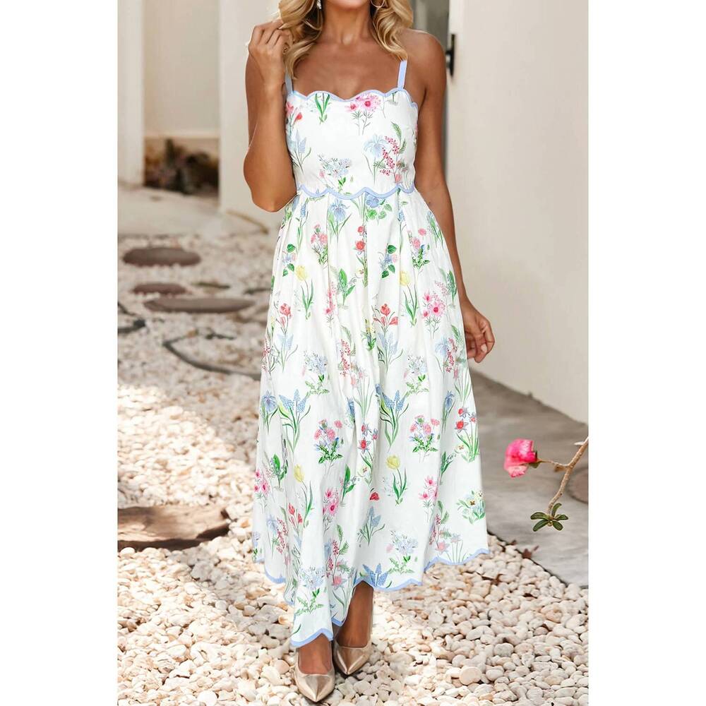 NEW LITTLE DAISY CLOSET contrast trim self-tie straps floral midi dress in white